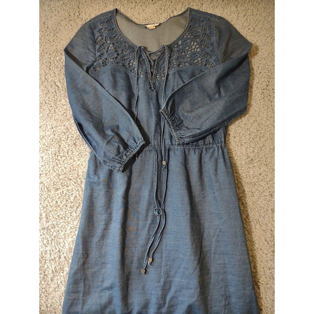 ECI New York S Dress Blue3/4 Sleeve Crochet Chest And Hem Knee Length